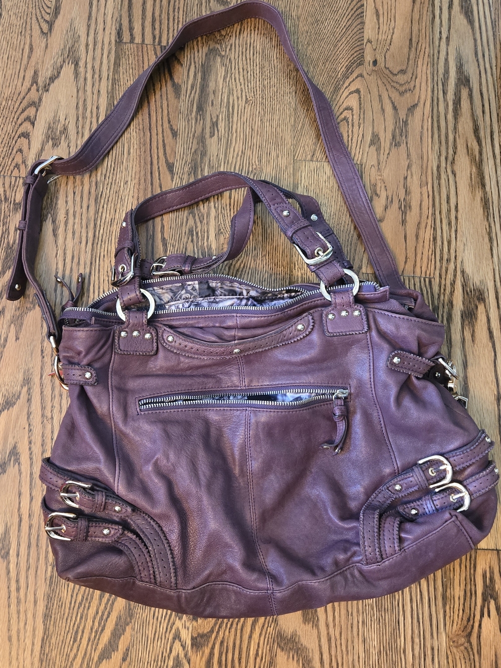 Junior Drake Plum Leather Shoulder Bag with Buckle Accents